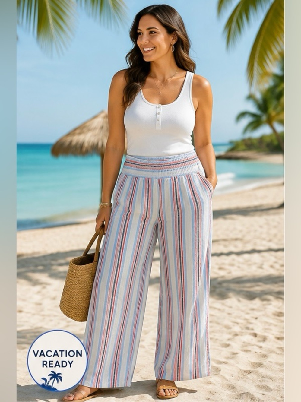 crown & ivy White Multicolor Striped Wide-Leg Pull-On Pants